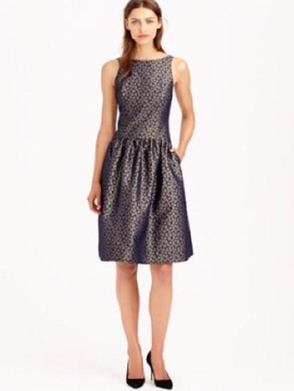 J. CREW COLLECTION navy & gold daisy brocade fit & flare dress 10
